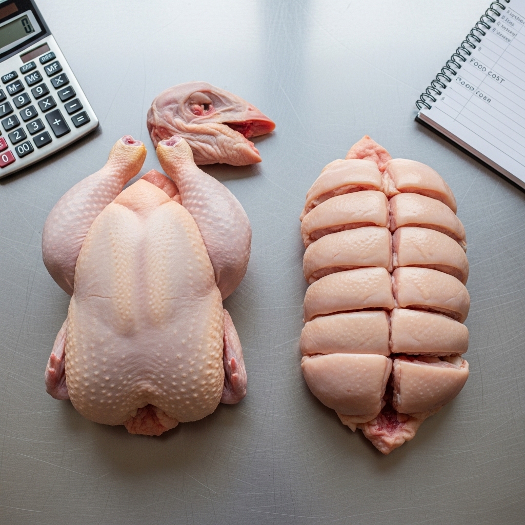 Panduan menghitung porsi potongan ayam karkas 1kg segar Tricik untuk perhitungan HPP katering nasi box B2B.