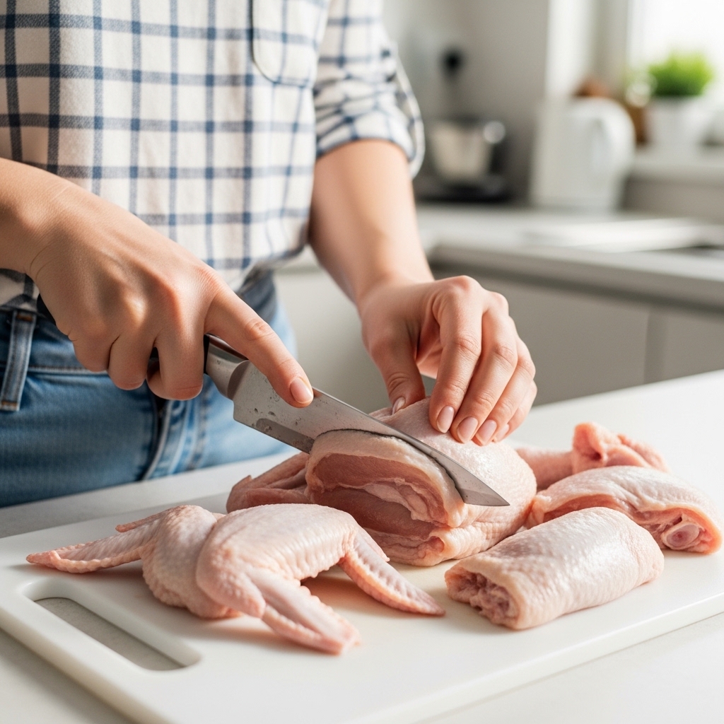 Ibu rumah tangga agen arisan memotong ayam karkas segar Tricik untuk strategi repacking paket ekonomis.