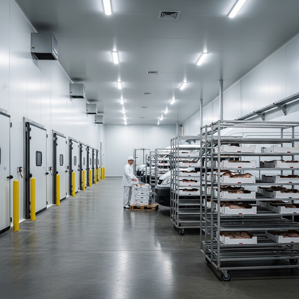 Fasilitas distribusi ayam potong segar Tricik Cengkareng yang beroperasi dengan sistem Just-In-Time tanpa penimbunan gudang beku untuk mitra restoran B2B