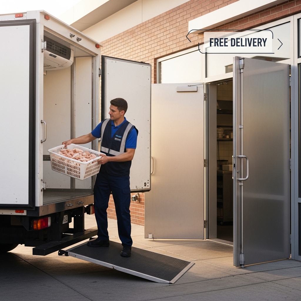 Layanan logistik gratis ongkir pengiriman ayam potong segar pagi hari dari fasilitas distributor Tricik Cengkareng ke dapur restoran