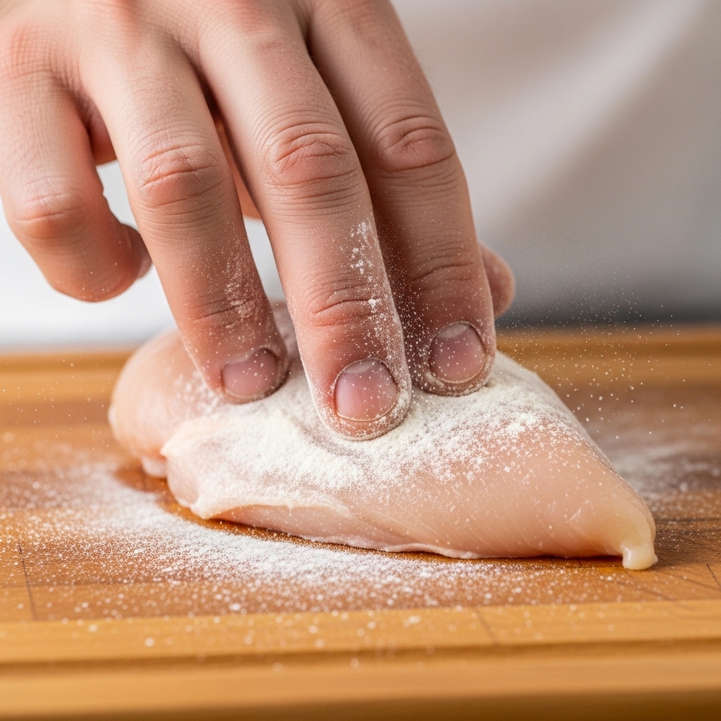 Teknik dusting tepung pada dada ayam fillet boneless skinless segar Tricik Cengkareng untuk mencegah adonan rontok di restoran B2B