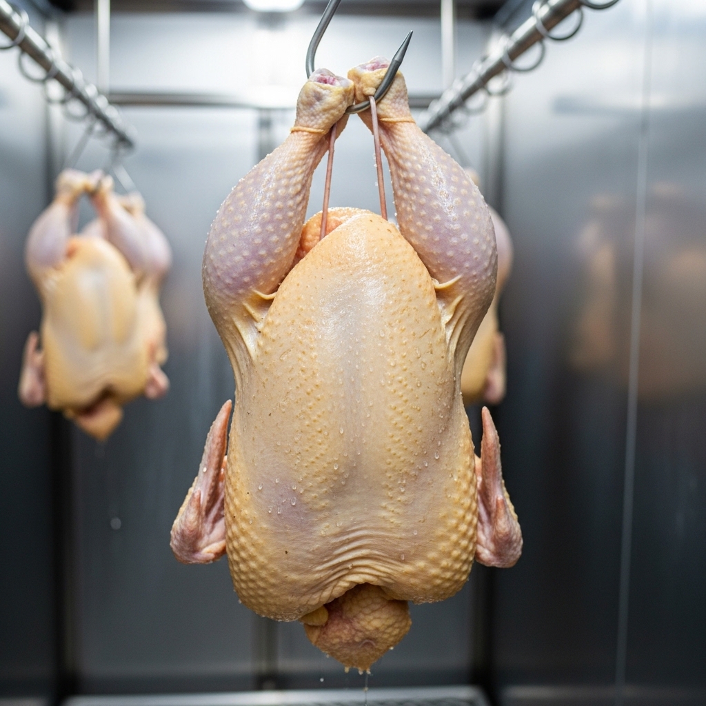 Teknik air drying karkas ayam segar utuh dari Tricik Cengkareng di chiller untuk menghasilkan kulit renyah ala bebek Peking di restoran B2B