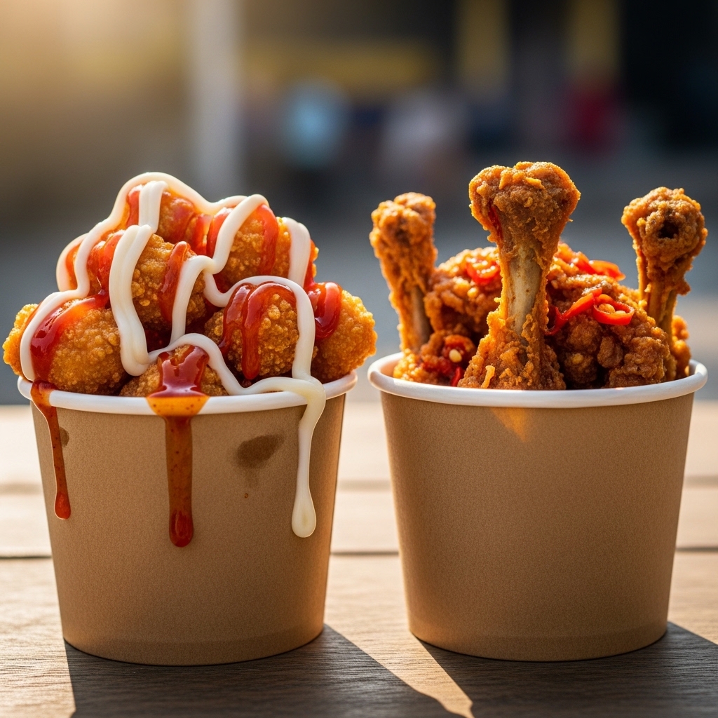 Jajanan ayam popop cup laris manis dari cincangan karkas parting 12 pasokan Tricik Cengkareng untuk bisnis B2B.