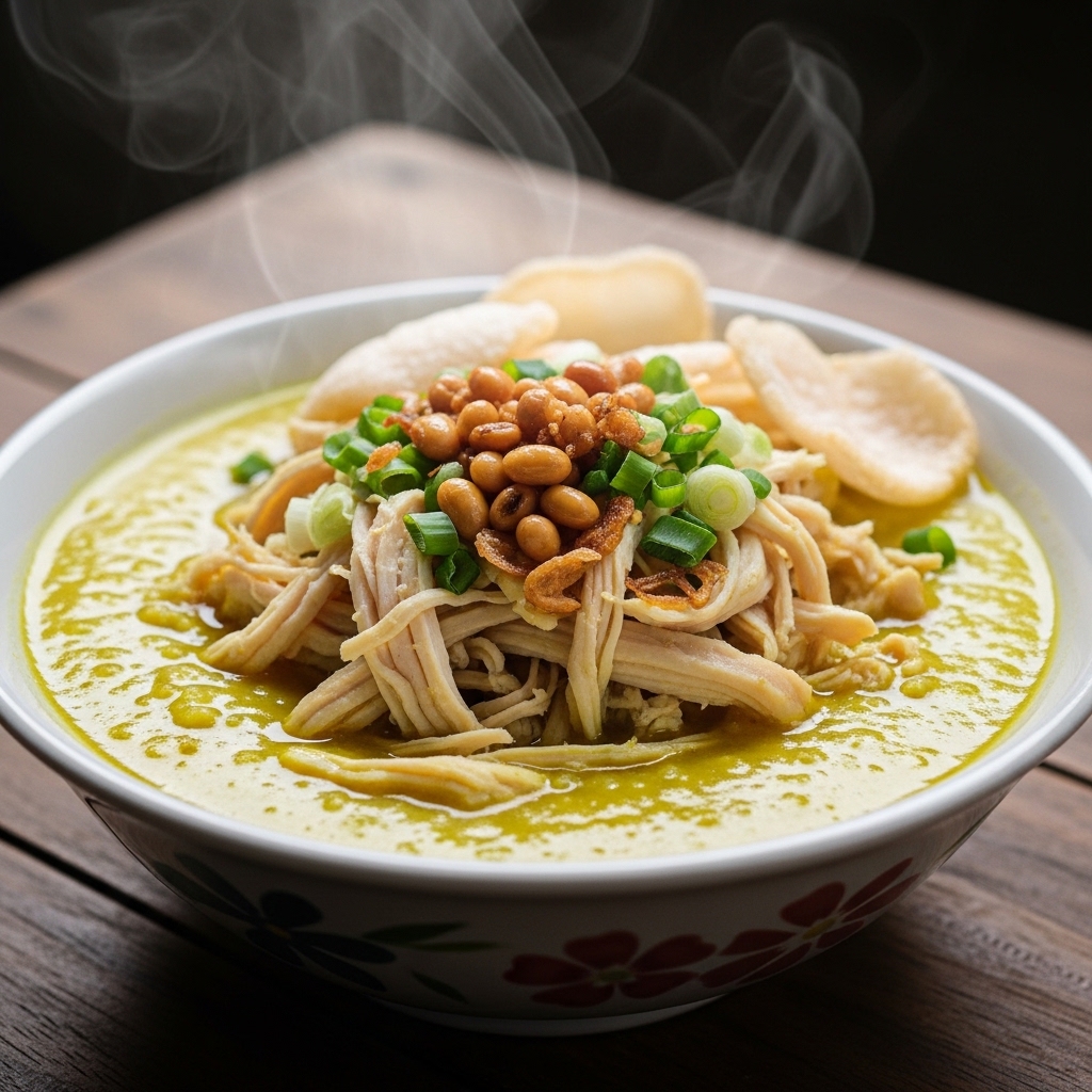 Konsistensi padat semangkuk bubur ayam Cirebon kental anti berair dari rebusan kaldu karkas segar pasokan Tricik Cengkareng untuk bisnis B2B kuliner.