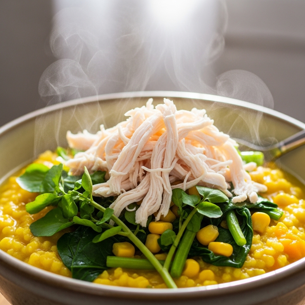 Suwiran daging karkas ayam segar murni pasokan Tricik Cengkareng sebagai topping upselling menu bubur Manado kaki lima B2B.