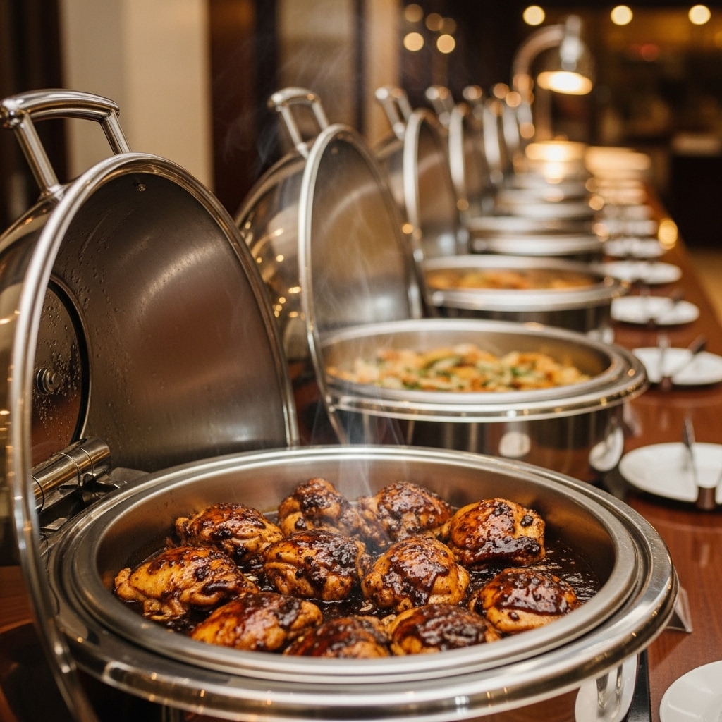 Solusi daging boneless paha ayam segar Tricik Cengkareng yang tetap juicy menahan panas di dalam chafing dish untuk menu buffet hotel B2B