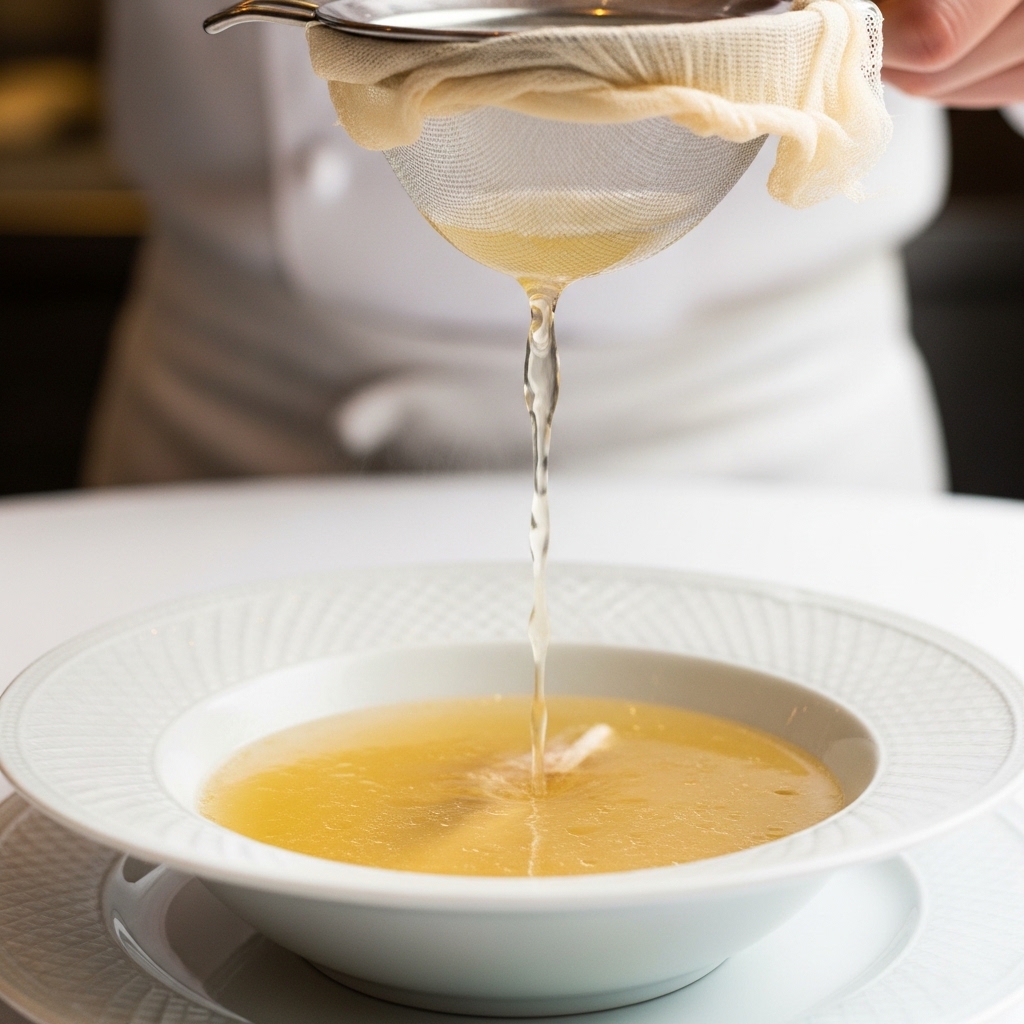 Kaldu consommé ayam bening kristal ala fine dining menggunakan ceker segar bersih dari Tricik Cengkareng untuk restoran B2B