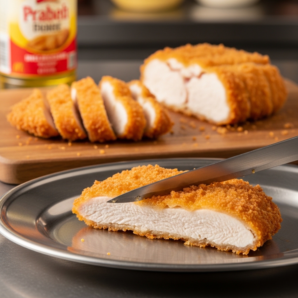 Ketebalan ideal boneless dada ayam segar Tricik Cengkareng yang dipotong 1.5cm untuk chicken katsu rice bowl matang dalam 3 menit di restoran B2B