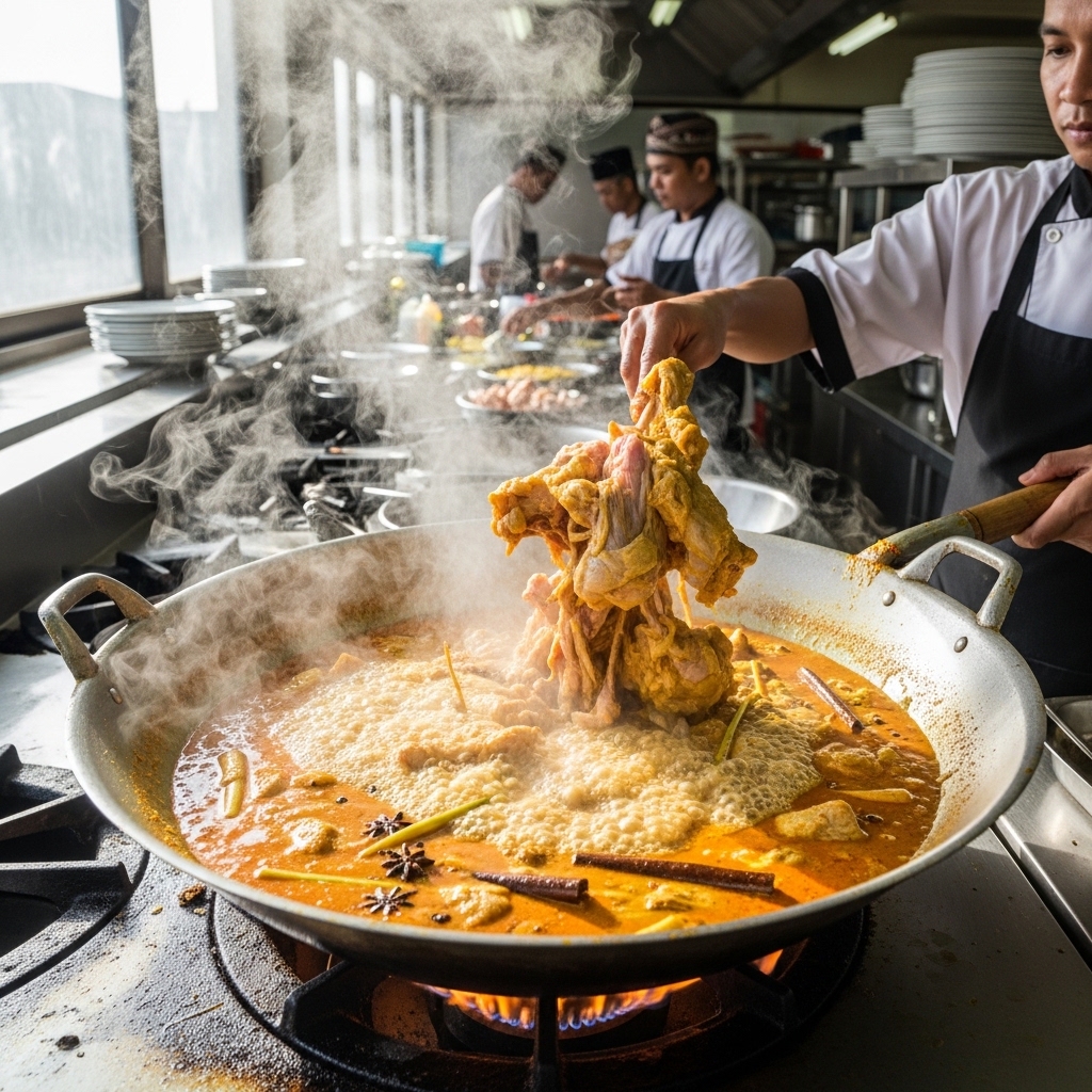 Potongan karkas ayam segar kiriman pagi Tricik Cengkareng yang langsung dimasukkan ke wajan gulai RM Padang B2B tanpa proses thawing