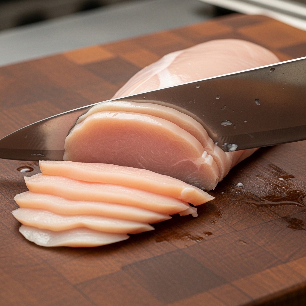 Teknik mengiris tipis boneless dada ayam segar Tricik Cengkareng searah serat untuk produksi dendeng ayam anti hancur di dapur restoran B2B