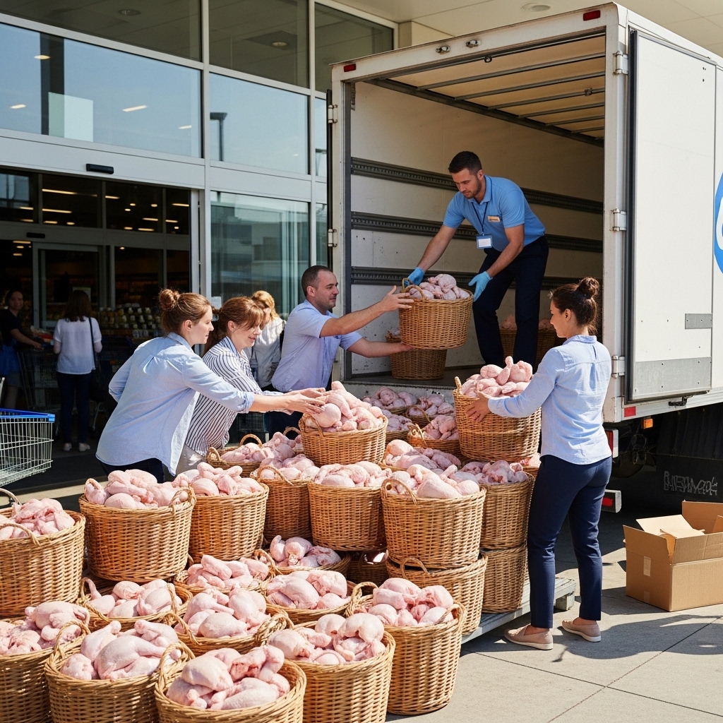 Aktivitas cross-docking karkas ayam segar pagi hari dari pasokan Tricik Cengkareng untuk agen sembako B2B tanpa freezer.