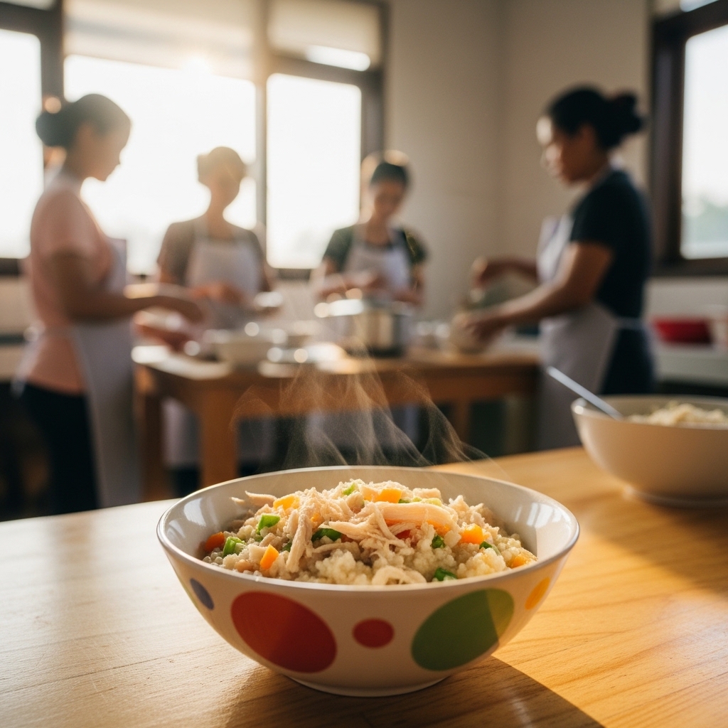 Suwiran halus dari karkas ayam segar parting 16 pasokan Tricik Cengkareng untuk katering bubur balita Posyandu.