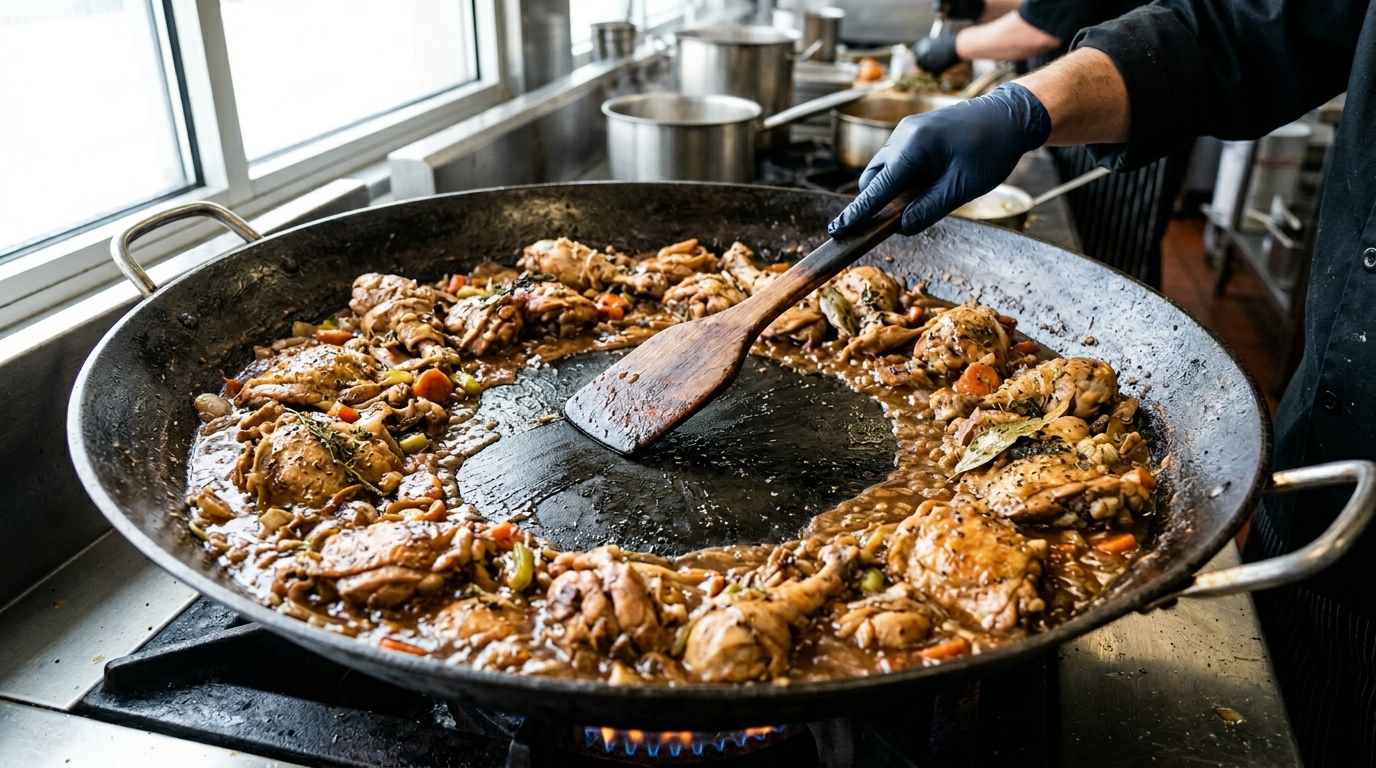 Dasar kuali raksasa Dapur MBG yang bersih dari kerak gosong (scorching) berkat penggunaan karkas ayam segar kesat bebas air es dari Tricik