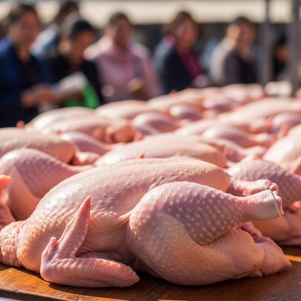 Karkas ayam potong segar merah muda alami dari Tricik yang laris manis diburu pembeli di lapak pasar tradisional akhir pekan.