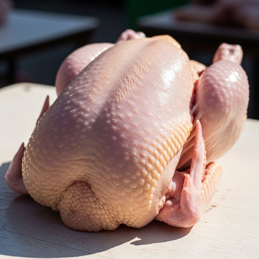 Karkas ayam segar mengkilap tanpa rendaman es di lapak basah tradisional menggunakan pasokan fresh daily Tricik Cengkareng B2C