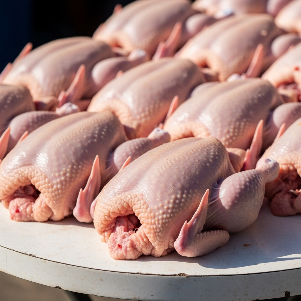 Display karkas ayam utuh segar di meja keramik pasar pagi tanpa es batu dari suplai Tricik Cengkareng.