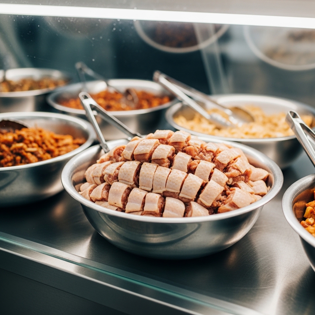 Etalase warteg menampilkan lauk semur ayam potongan 14 yang proporsional menggunakan karkas fresh daily Tricik Cengkareng untuk menekan HPP bisnis B2B