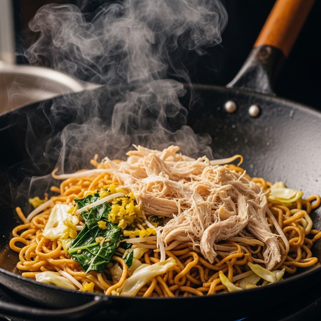 Tumisan suwiran daging ayam segar berkualitas dari pasokan Tricik Cengkareng untuk menu mie tek-tek goreng kaki lima B2B.