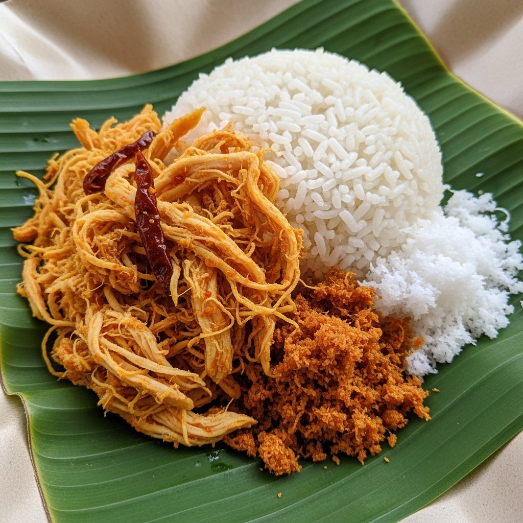 Suwiran daging karkas ayam segar murni yang kering dan awet untuk hidangan Nasi Krawu bungkus pasokan Tricik Cengkareng B2B.