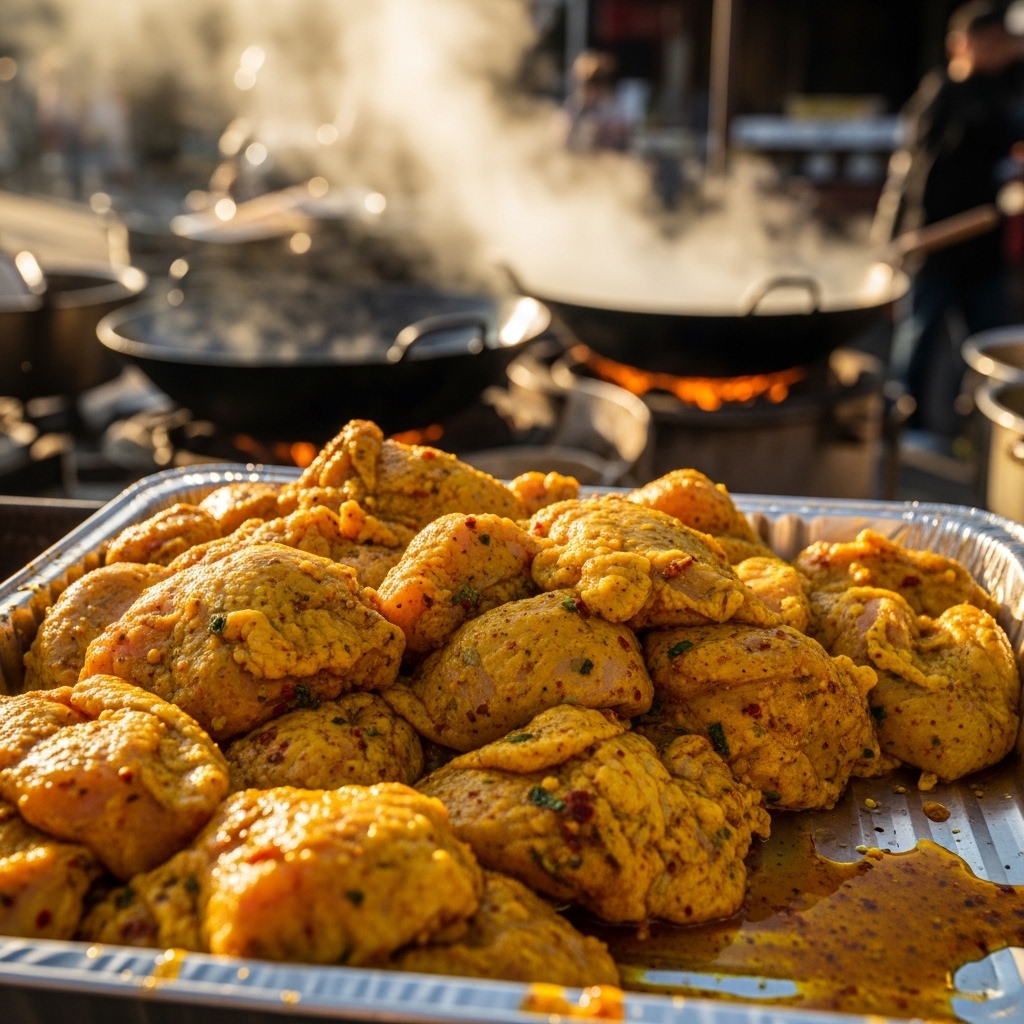 Persiapan ayam ungkep bumbu kuning menggunakan pasokan karkas segar pagi dari Tricik Cengkareng untuk lapak pasar sore B2B.