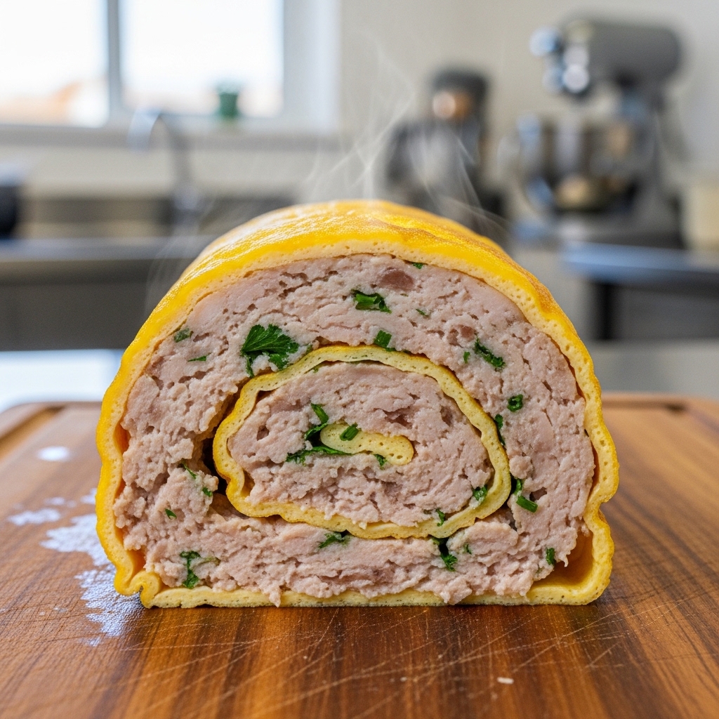 Irisan rolade ayam ekonomis bertekstur lembut dari blenderan karkas segar pasokan Tricik Cengkareng untuk UMKM B2B.