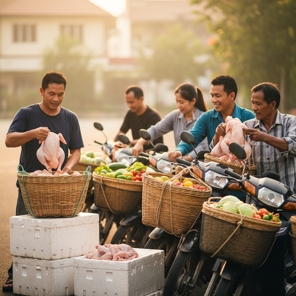 Distribusi karkas ayam segar pagi hari untuk grup pedagang sayur motor keliling dari pasokan Tricik Cengkareng B2C.