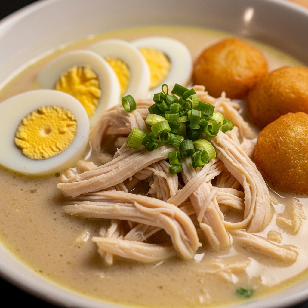 Semangkuk Soto Banjar kuah susu bersih dari rebusan karkas segar pasokan Tricik Cengkareng untuk bisnis kuliner B2B.