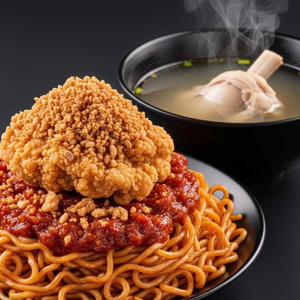 Porsi mie pedas kekinian dengan topping taburan ayam kering dan kuah kaldu hasil optimalisasi karkas segar pasokan Tricik Cengkareng untuk efisiensi B2B