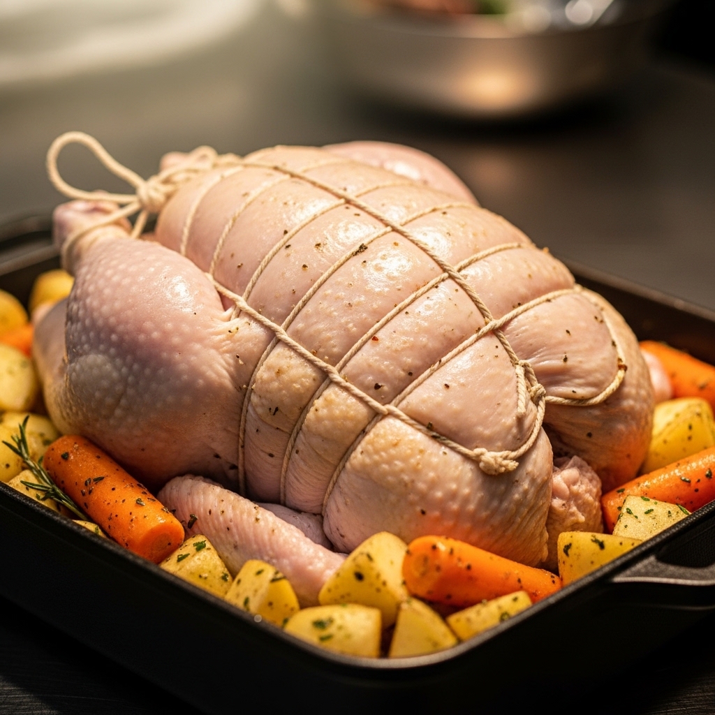 Teknik trussing pada karkas ayam segar ukuran besar 1.5kg dari Tricik Cengkareng untuk menjaga kelembapan menu roast chicken restoran B2B