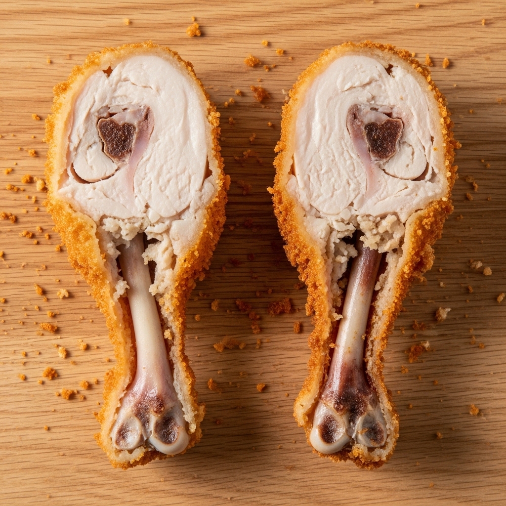 Perbandingan visual serat daging dan tulang antara ayam potong segar Tricik Cengkareng dan ayam beku thawed dalam pengujian kualitas blind test restoran B2B