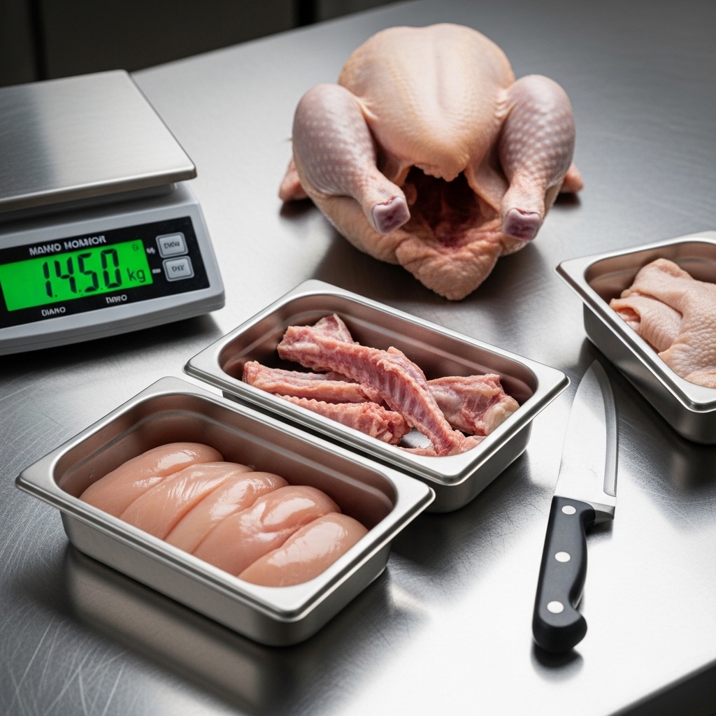 Proses uji rendemen karkas ayam potong segar Tricik Cengkareng menggunakan timbangan digital untuk menghitung HPP daging bersih restoran B2B