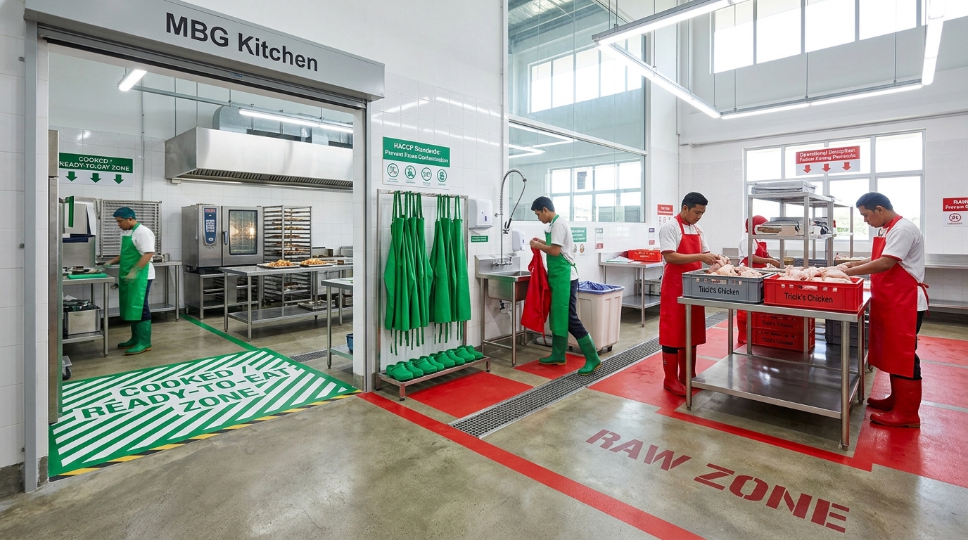 Implementasi sistem zonasi Dapur MBG untuk mitigasi risiko kontaminasi silang area produksi dengan pasokan ayam segar Tricik